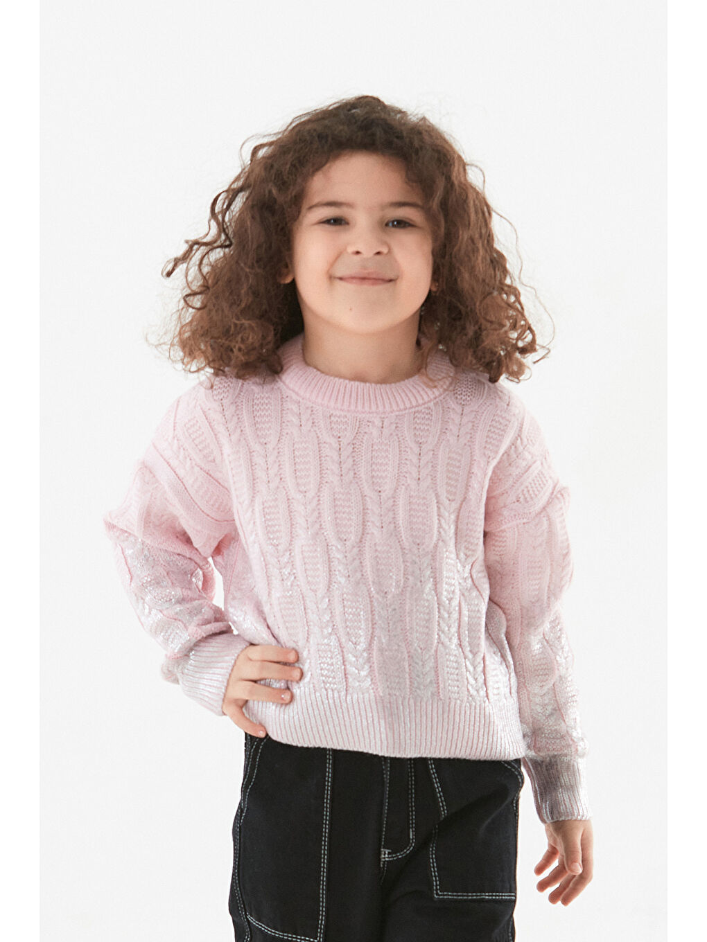 Pembe Saç Örgüsü Desenli Jakarlı Kız Çocuk Kazak-3