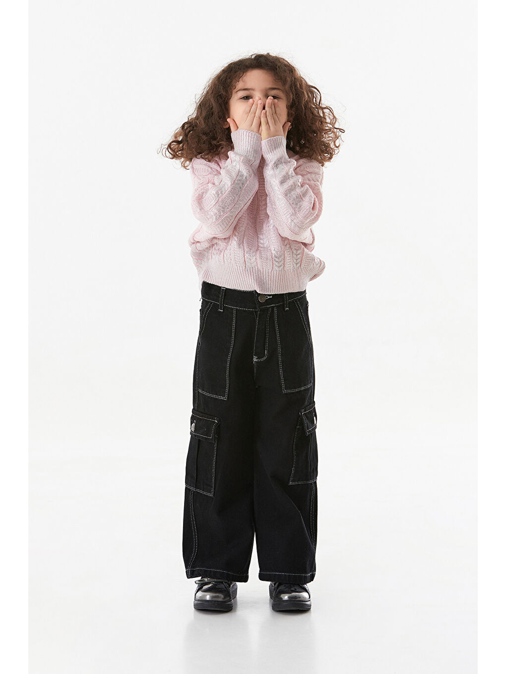 Pembe Saç Örgüsü Desenli Jakarlı Kız Çocuk Kazak-4