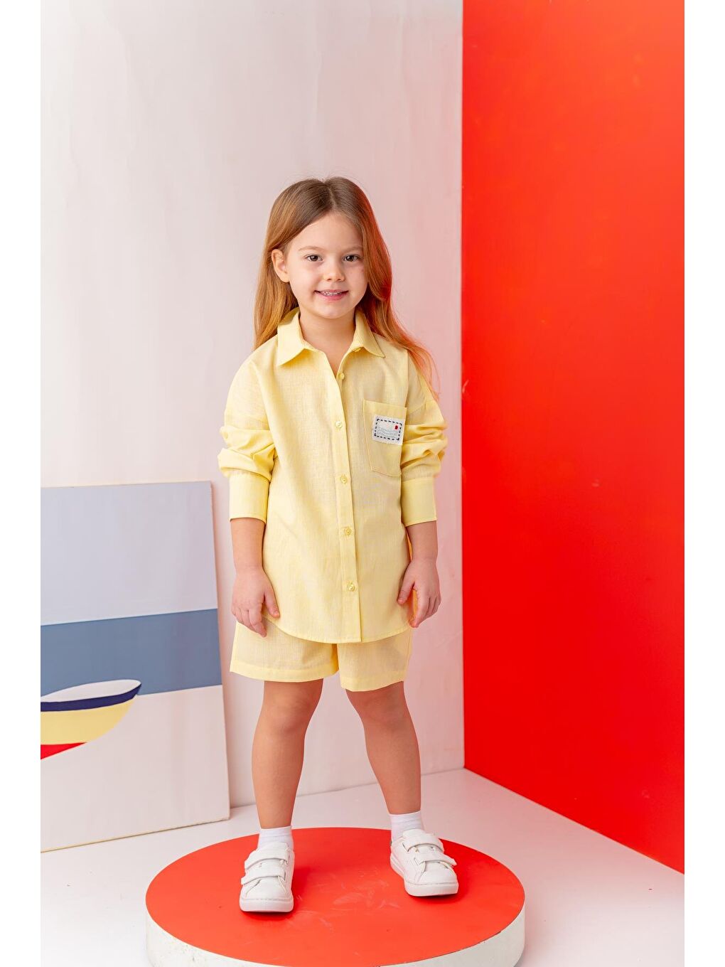 Kız Çocuk Gömlek Şort Takım - Sarı-1