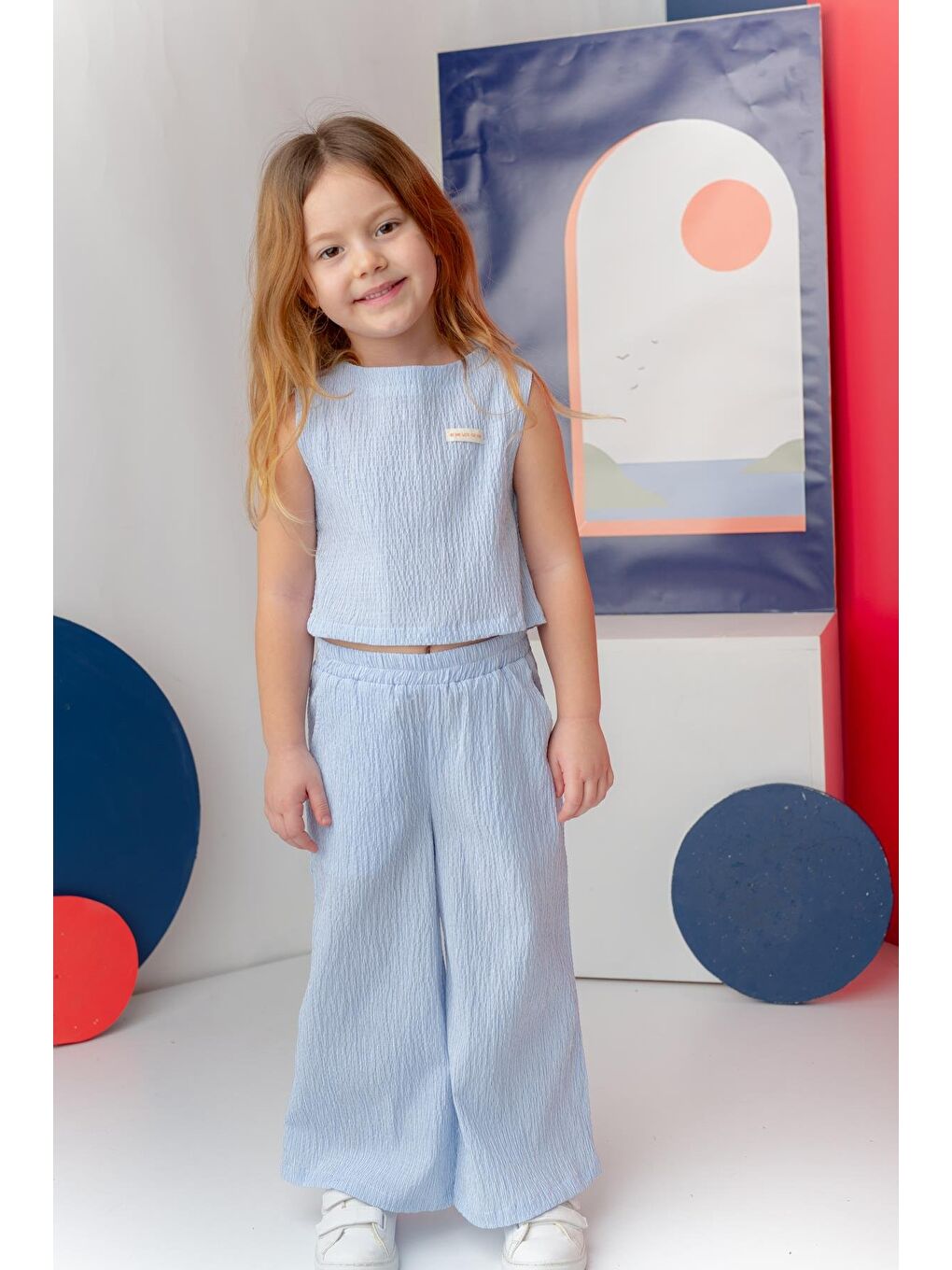 Kız Çocuk Çizgili Bluz Pantalon Takım - Mavi Çizgili