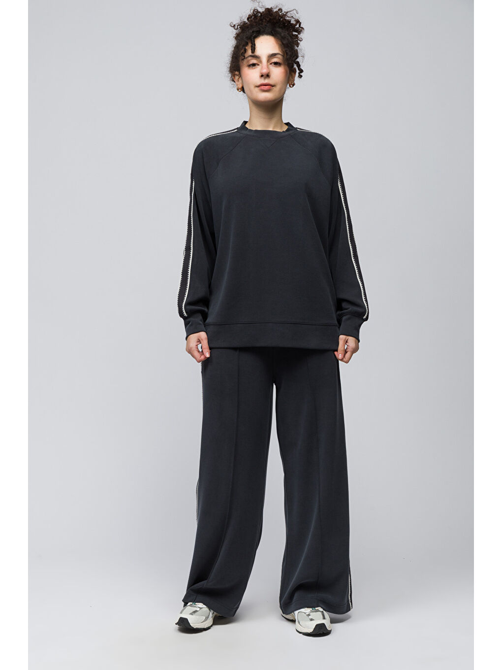 Madrid - Şerit Detaylı Pike Modal Kumaş Oversize Sweatshirt - Antrasit Renk-1