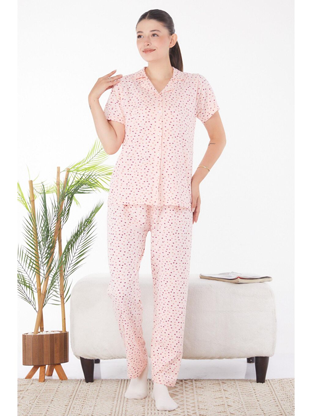 TOFİSA Pembe Düz Gömlek Yaka Kadın Pembe Kalp Desenli Pijama Takımı - 25904