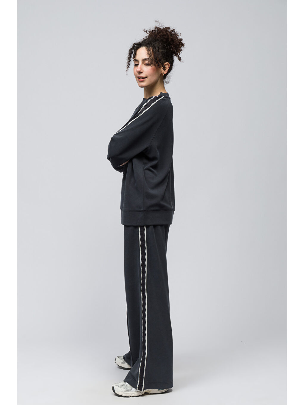 Madrid - Şerit Detaylı Pike Modal Kumaş Oversize Sweatshirt - Antrasit Renk-3