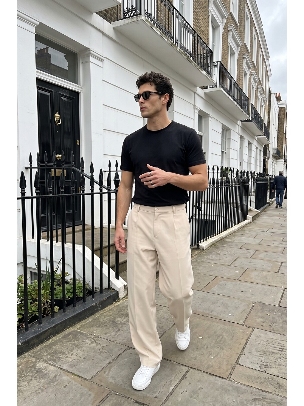 Ekru Salto Double Kumaş Pileli Erkek Baggy Pantolon Bol Paça Pantolon-1