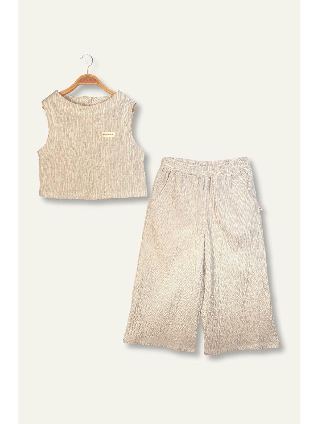 Bej Kız Çocuk Çizgili Bluz Pantalon Takım - Taş Çizgili