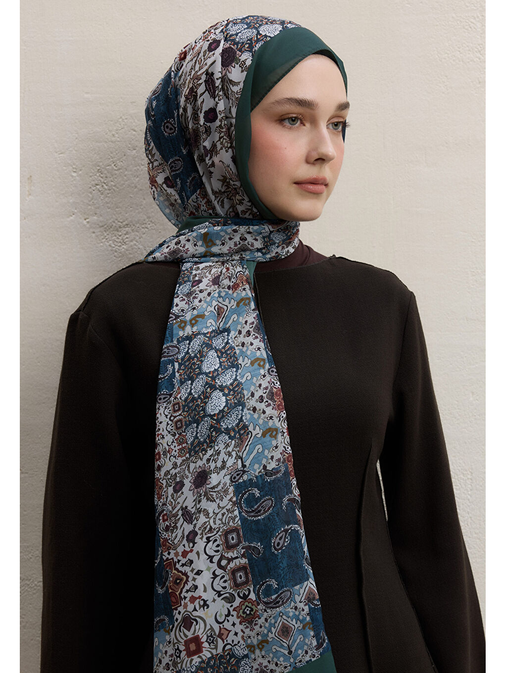 Ethnıc Fıgure Desen İpek Krep Şal Petrol-4