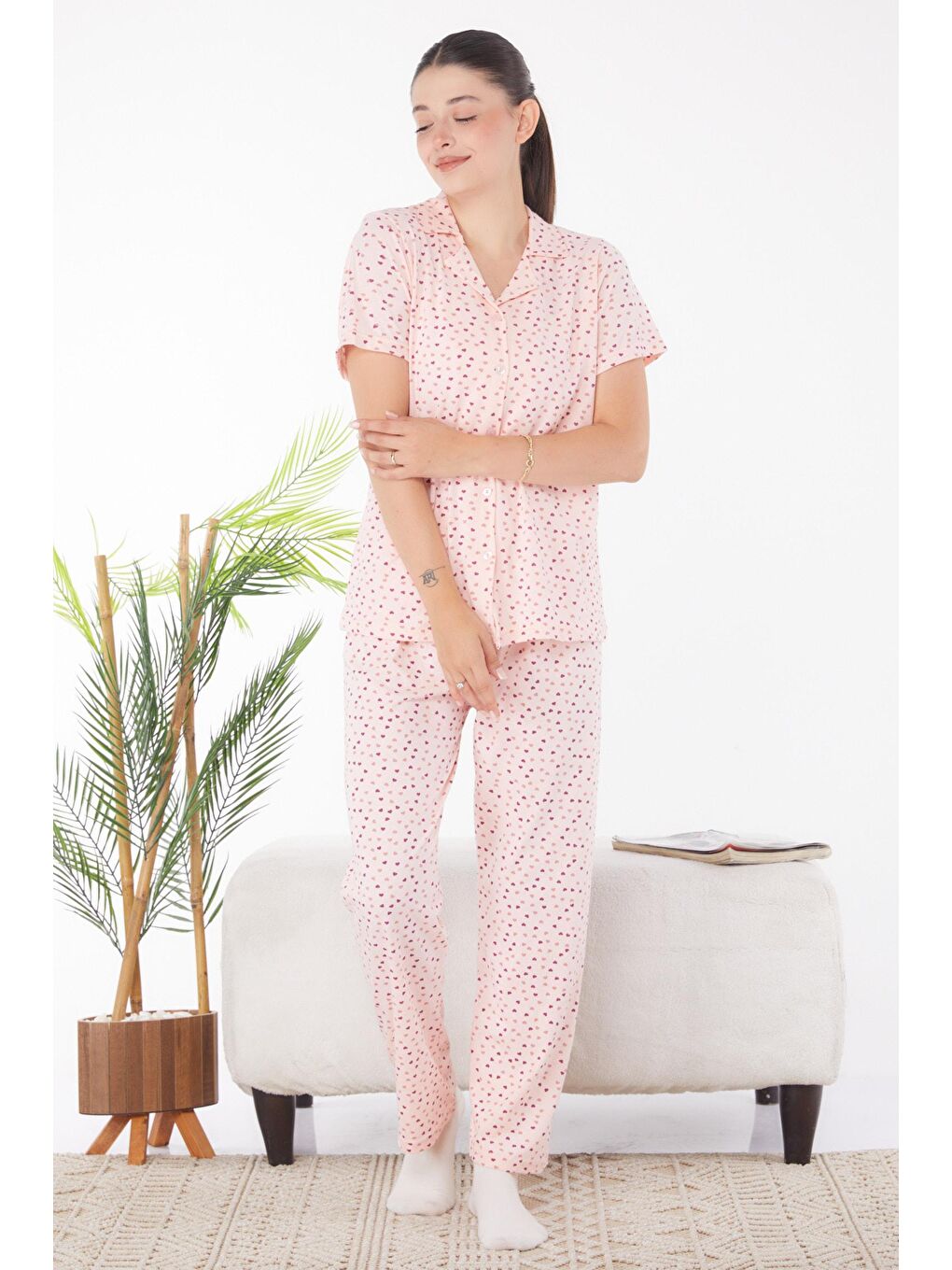 TOFİSA Pembe Düz Gömlek Yaka Kadın Pembe Kalp Desenli Pijama Takımı - 25904 - 1