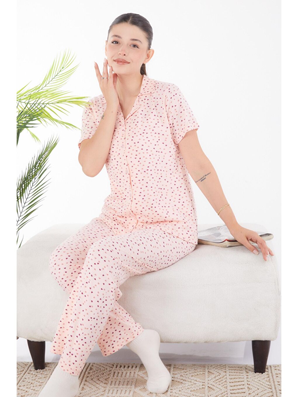 TOFİSA Pembe Düz Gömlek Yaka Kadın Pembe Kalp Desenli Pijama Takımı - 25904 - 2