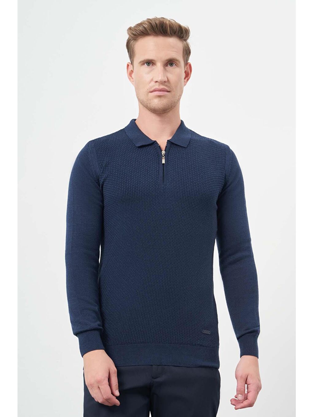 İndigo Mavi Uzun Kol Kendinden Desenli Örme Polo Yaka Classic Comfort Fit Triko 1012245156-2