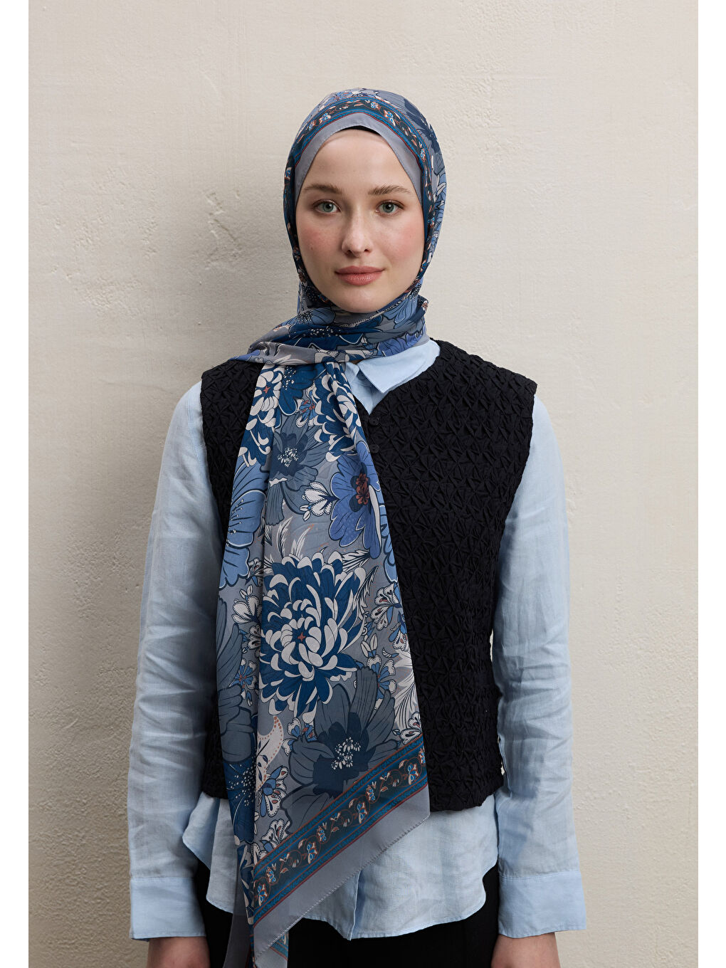 Dahlıa Desen İpek Krep Şal İndigo-1