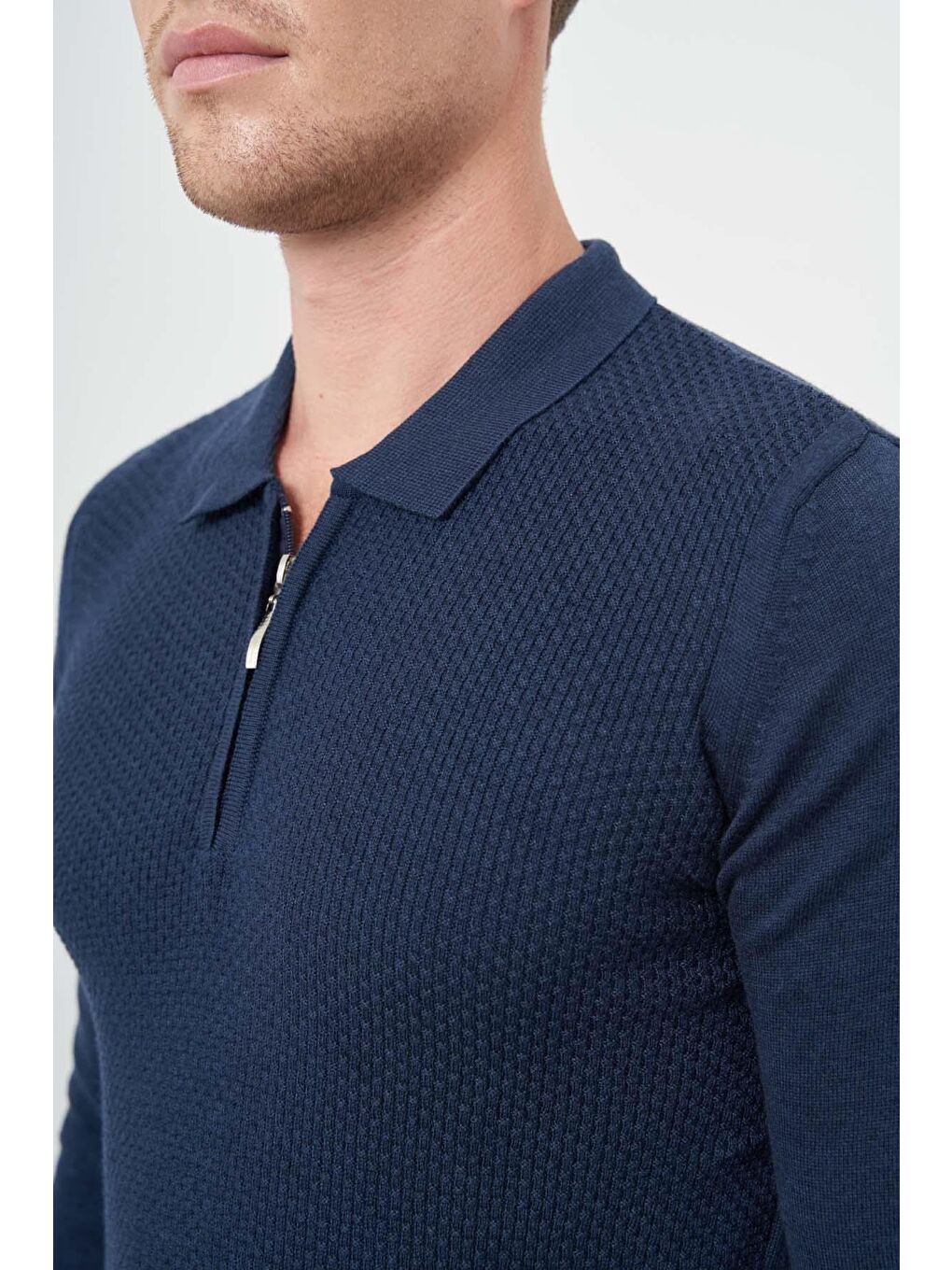 İndigo Mavi Uzun Kol Kendinden Desenli Örme Polo Yaka Classic Comfort Fit Triko 1012245156-3