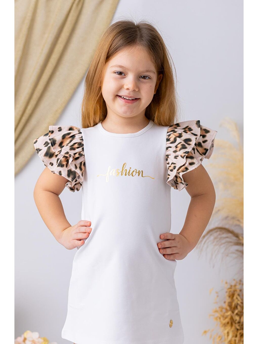 Kız Çocuk Kolları Volanlı Elbise - Beyaz-1