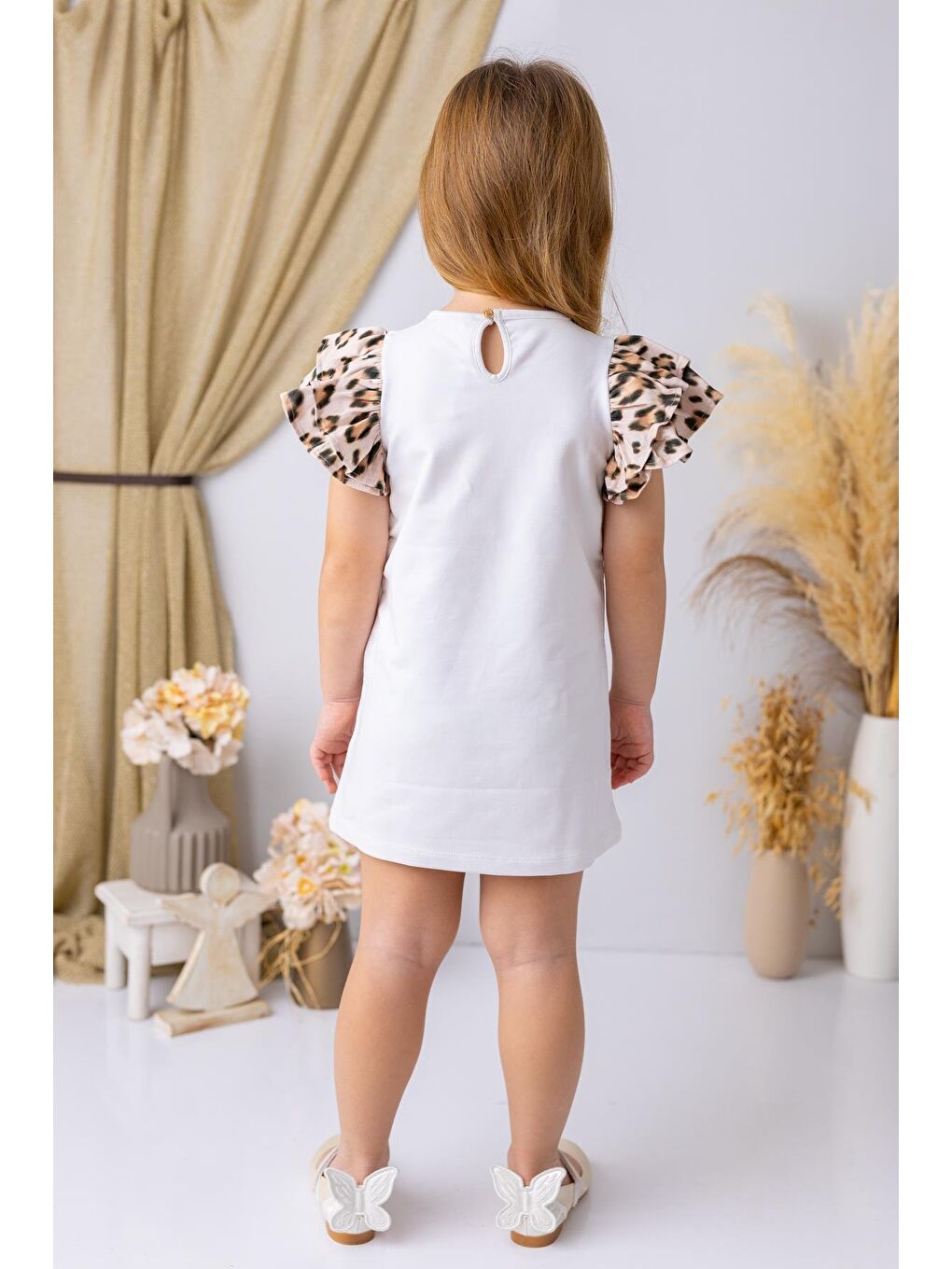 Kız Çocuk Kolları Volanlı Elbise - Beyaz-2
