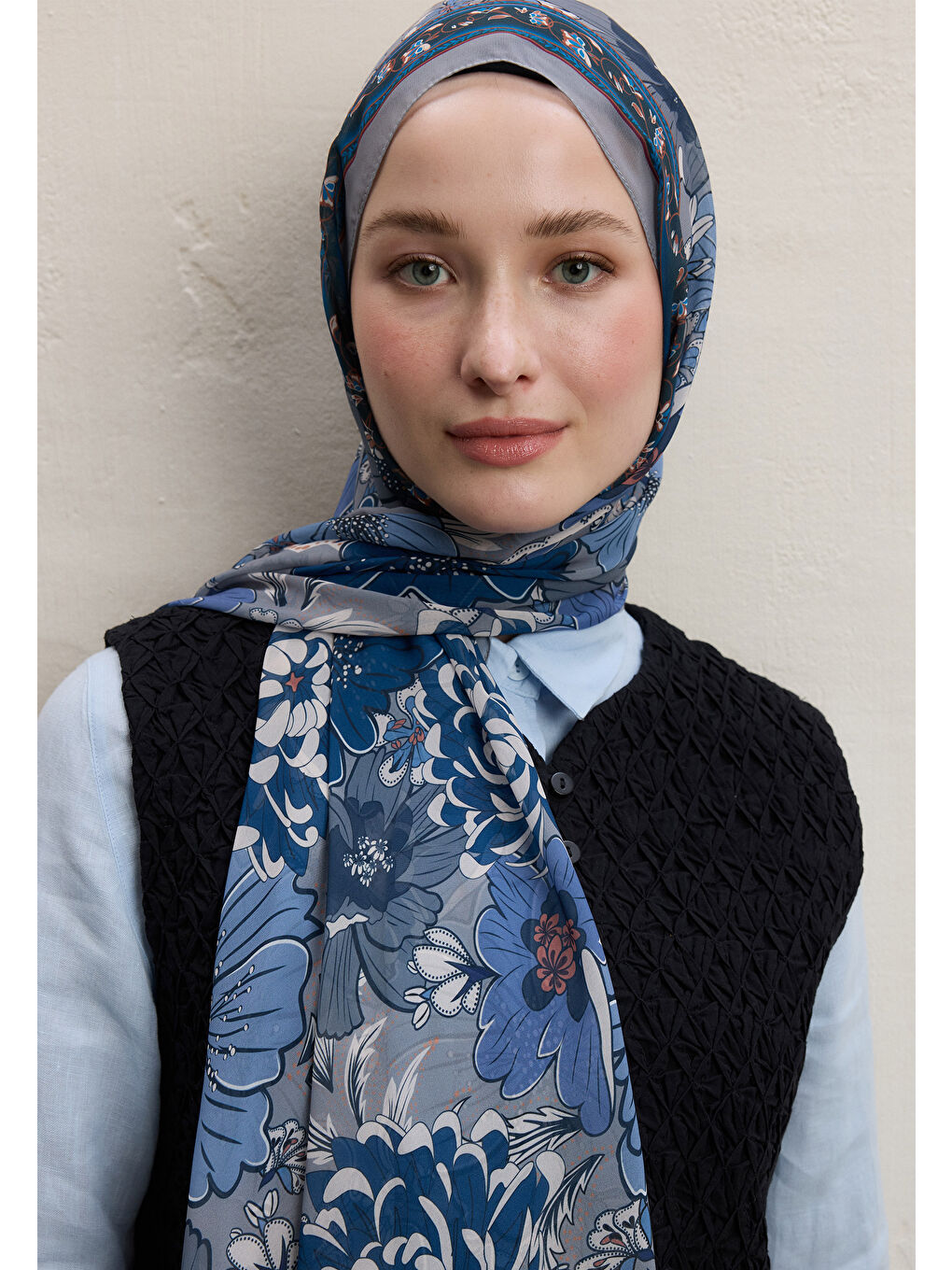 Dahlıa Desen İpek Krep Şal İndigo-2