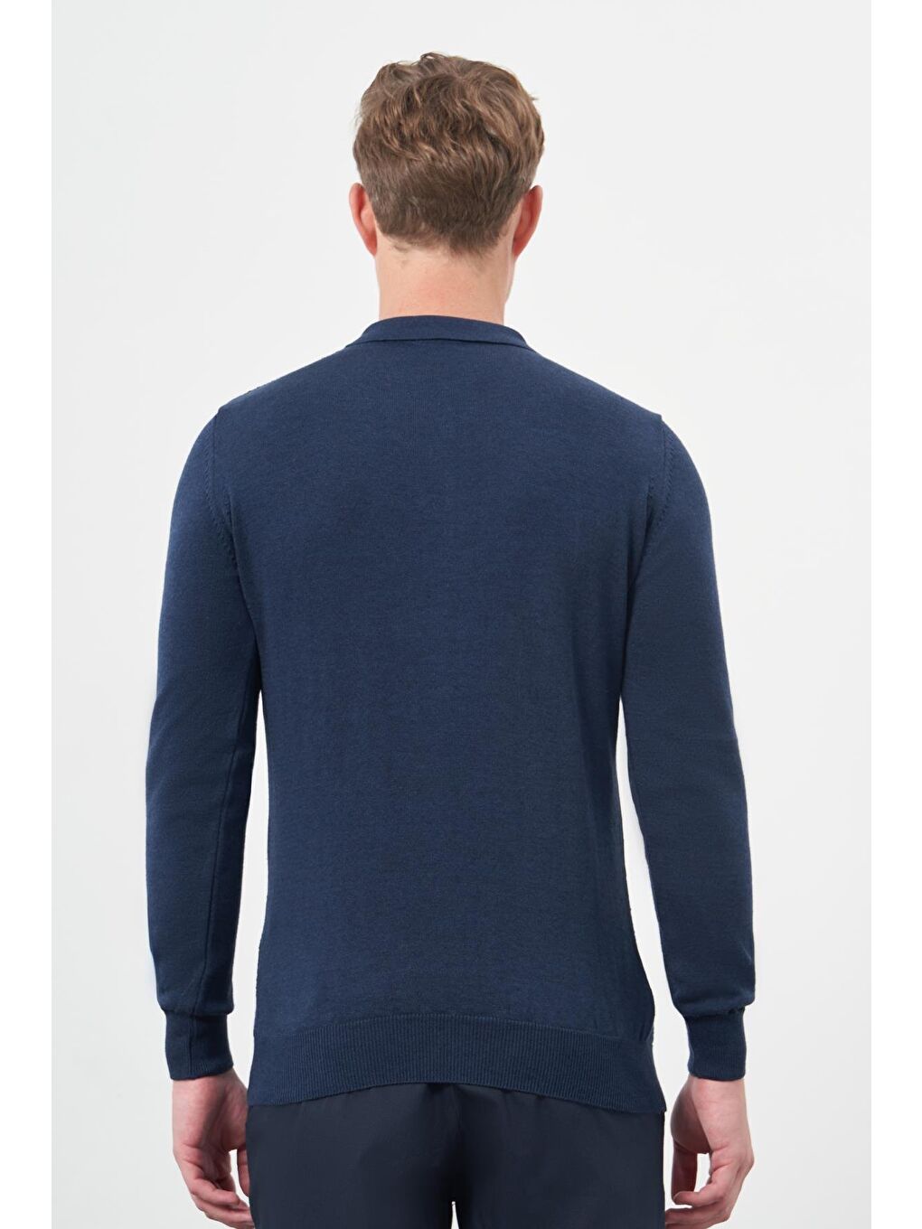 İndigo Mavi Uzun Kol Kendinden Desenli Örme Polo Yaka Classic Comfort Fit Triko 1012245156-4