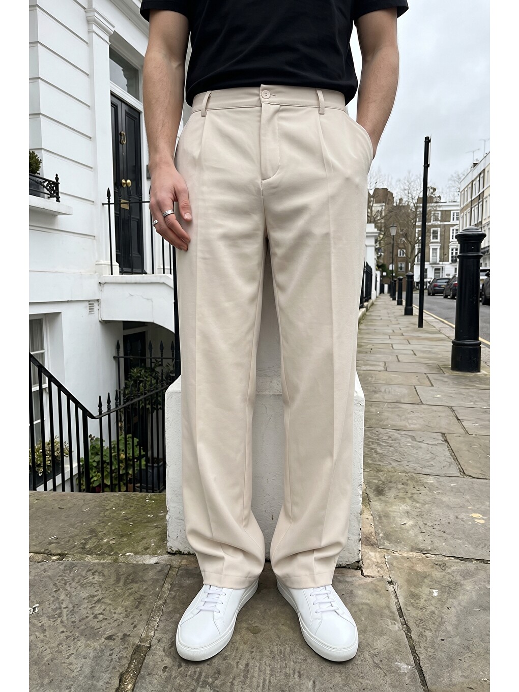 Ekru Salto Double Kumaş Pileli Erkek Baggy Pantolon Bol Paça Pantolon-4