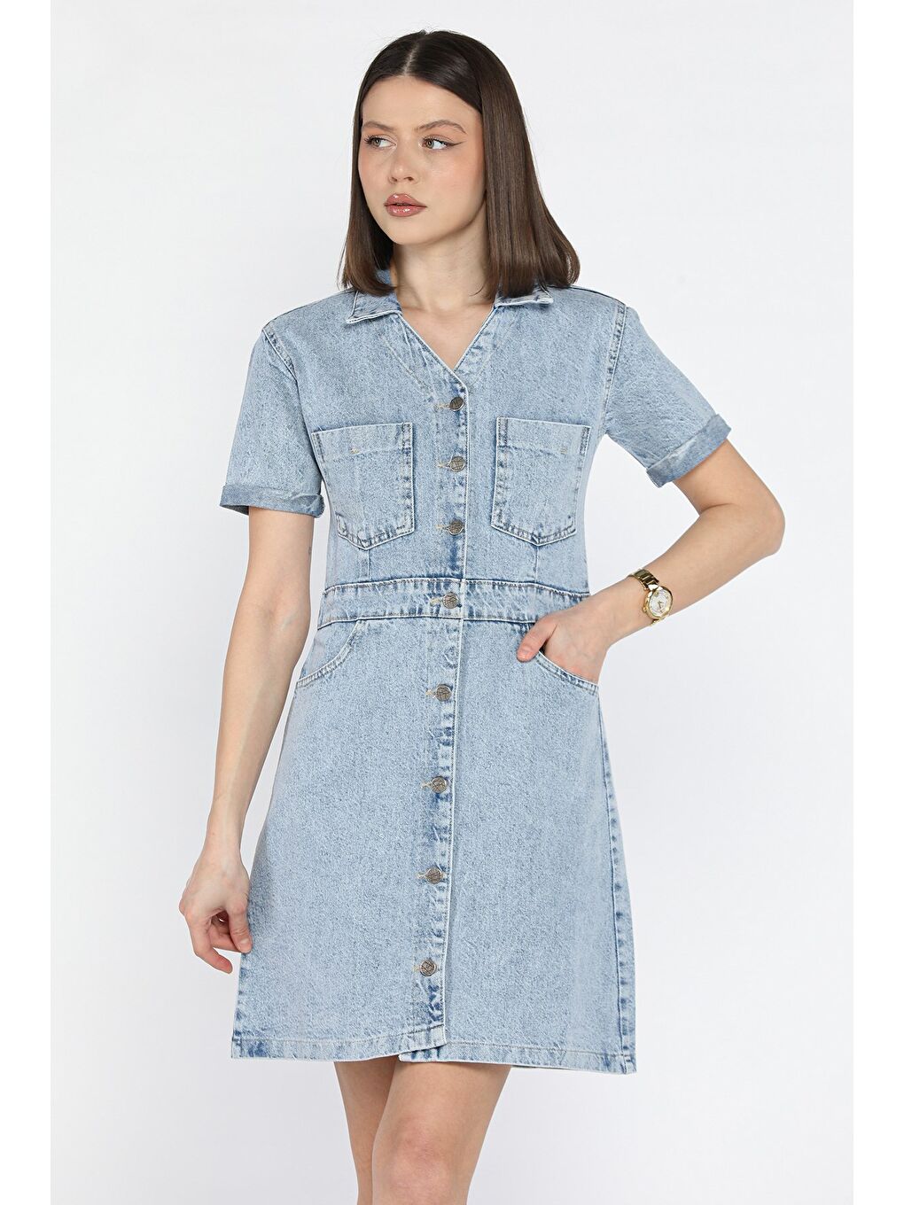 Mavi Çift Cepli Bel Kuşak Detaylı Jean Elbise-1