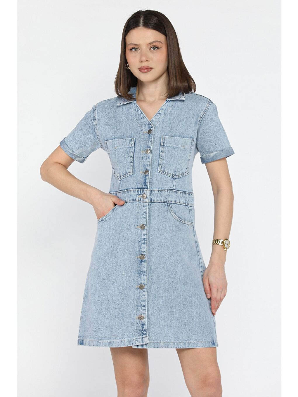 Mavi Çift Cepli Bel Kuşak Detaylı Jean Elbise-3