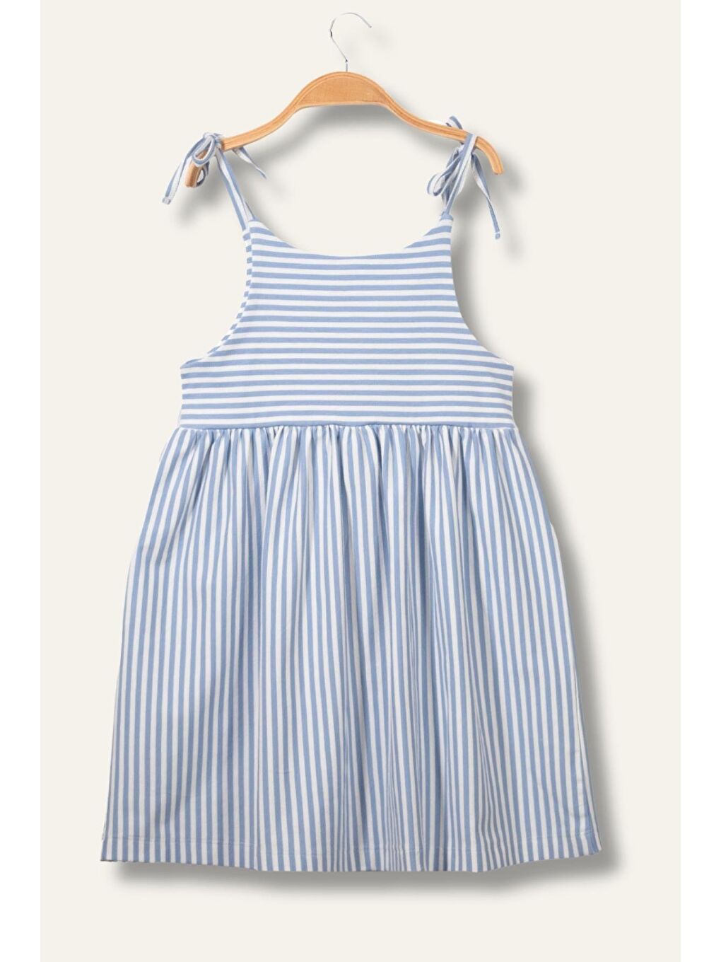 Kız Çocuk Askılı Çizgili Penye Elbise - Mavi Çizgili-1