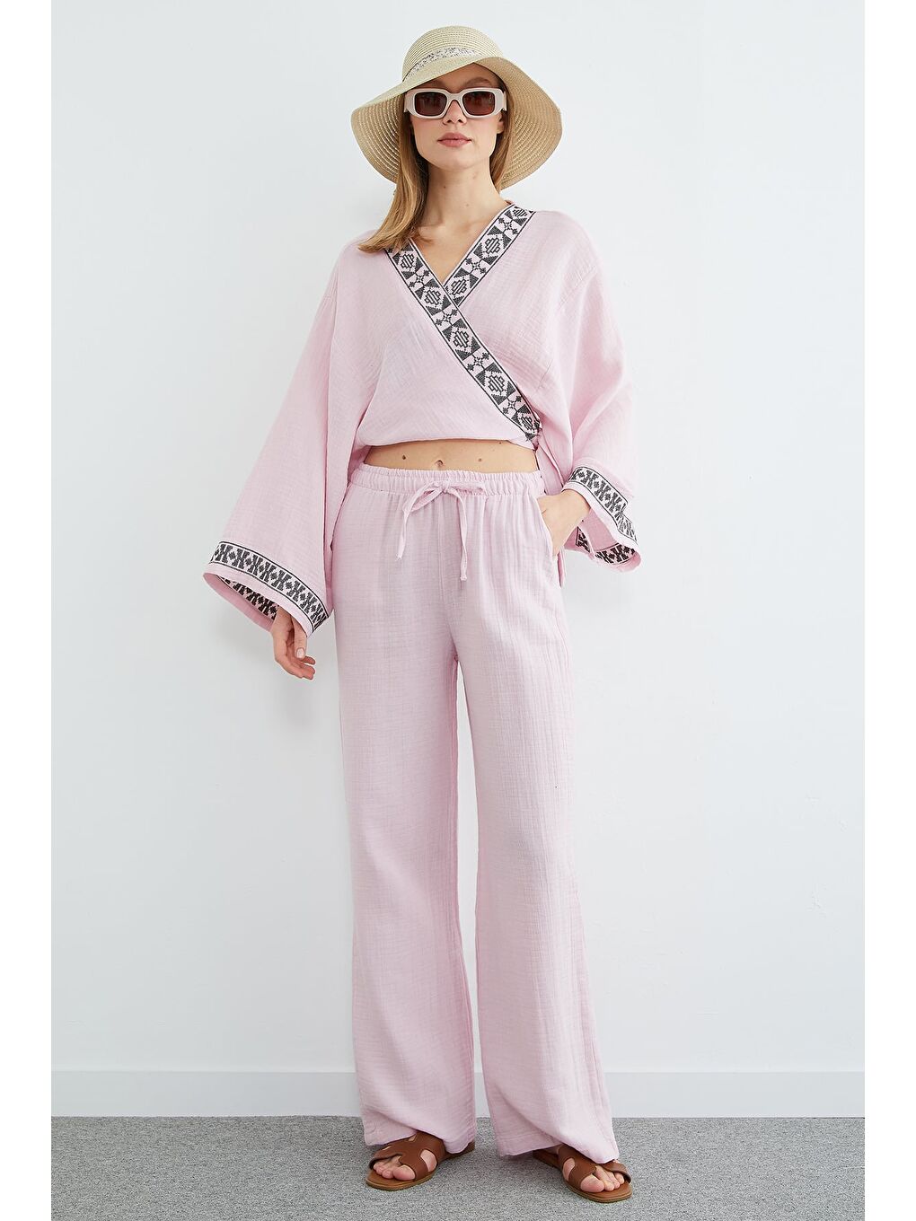 Pembe Beli Lastikli Cepli Müslin Kumaş Pantolon
