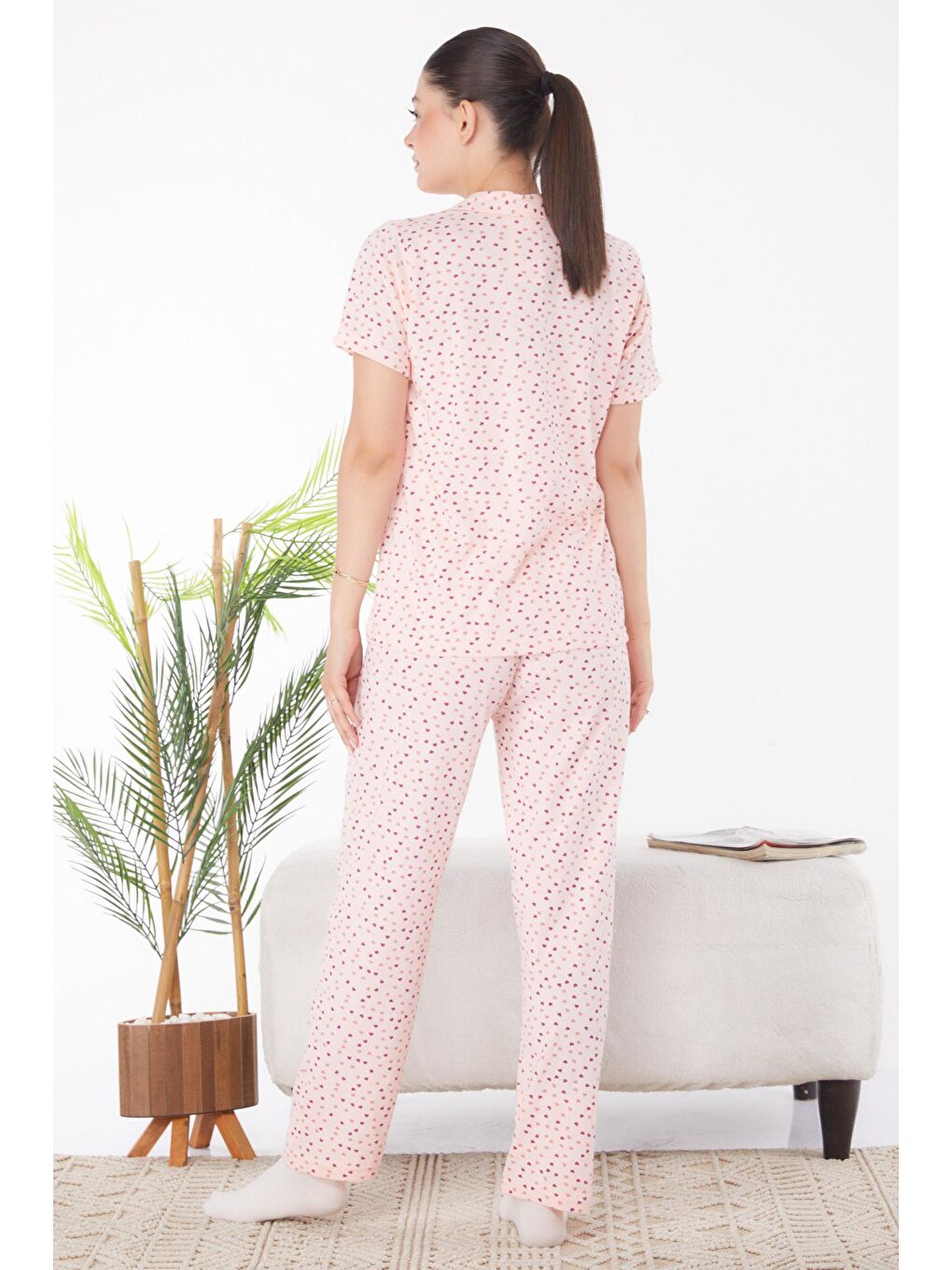 TOFİSA Pembe Düz Gömlek Yaka Kadın Pembe Kalp Desenli Pijama Takımı - 25904 - 4