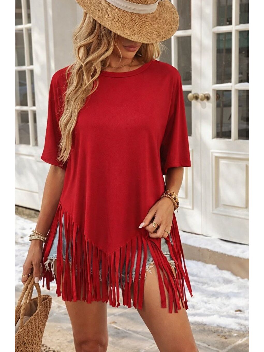 Kırmızı Kadın Kısa Kollu Bisiklet Yaka Püsküllü Viskon Bluz-2