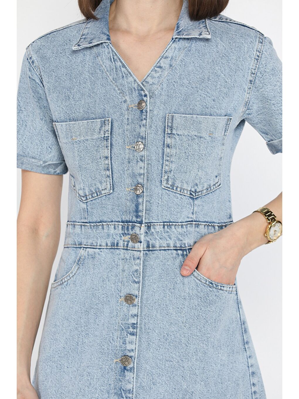 Mavi Çift Cepli Bel Kuşak Detaylı Jean Elbise-7