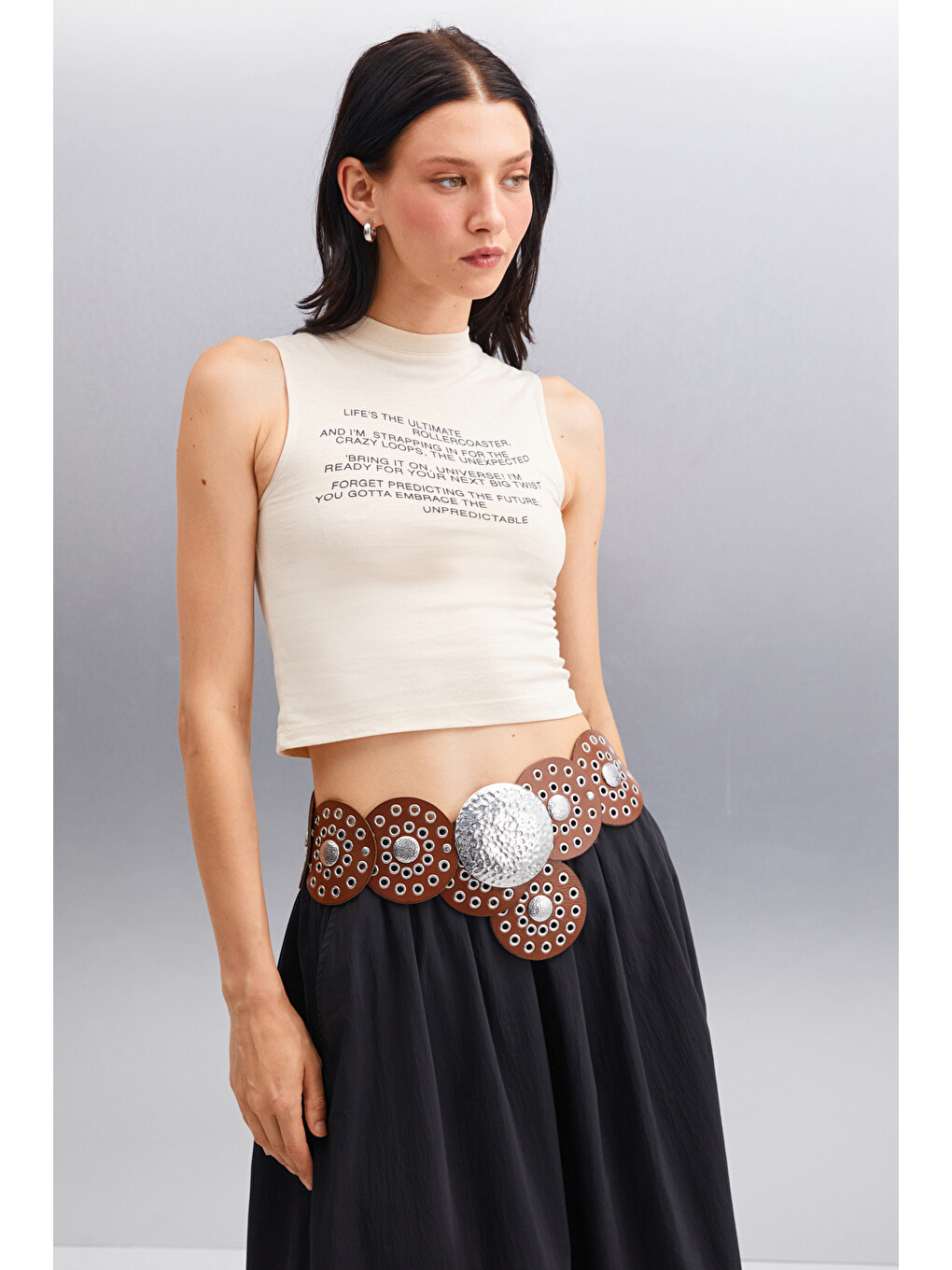 Azura Kadın Baskılı Pamuklu Kısa Kollu Crop Bej T-shirt