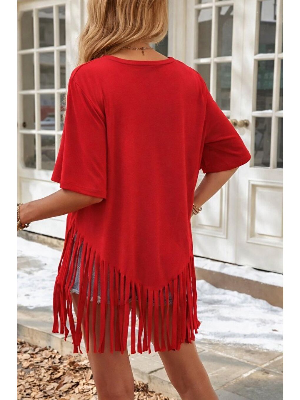 Kırmızı Kadın Kısa Kollu Bisiklet Yaka Püsküllü Viskon Bluz-4