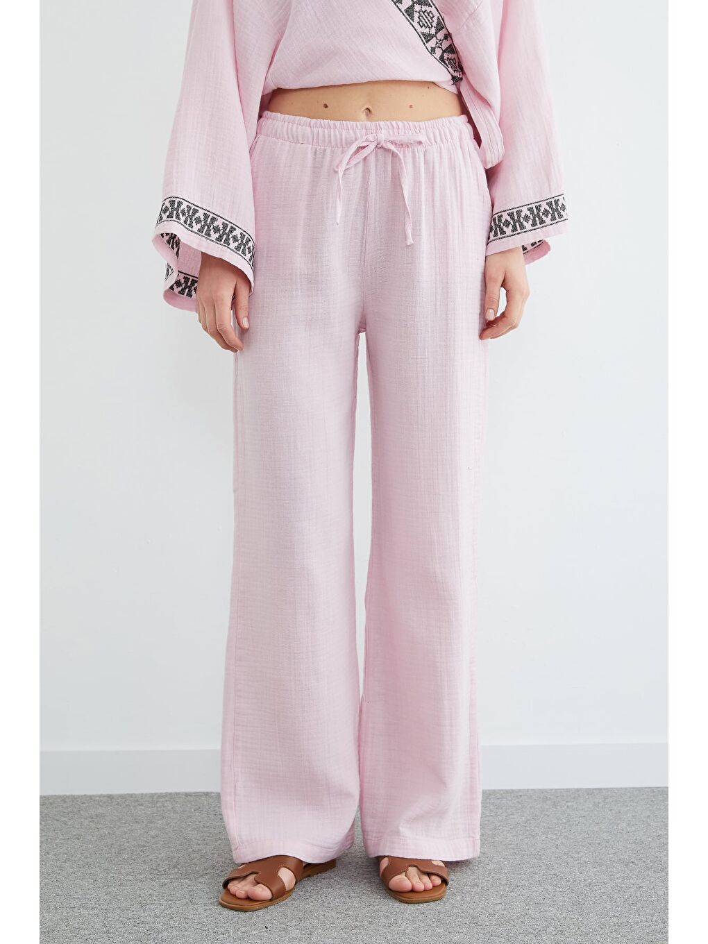 Pembe Beli Lastikli Cepli Müslin Kumaş Pantolon-1