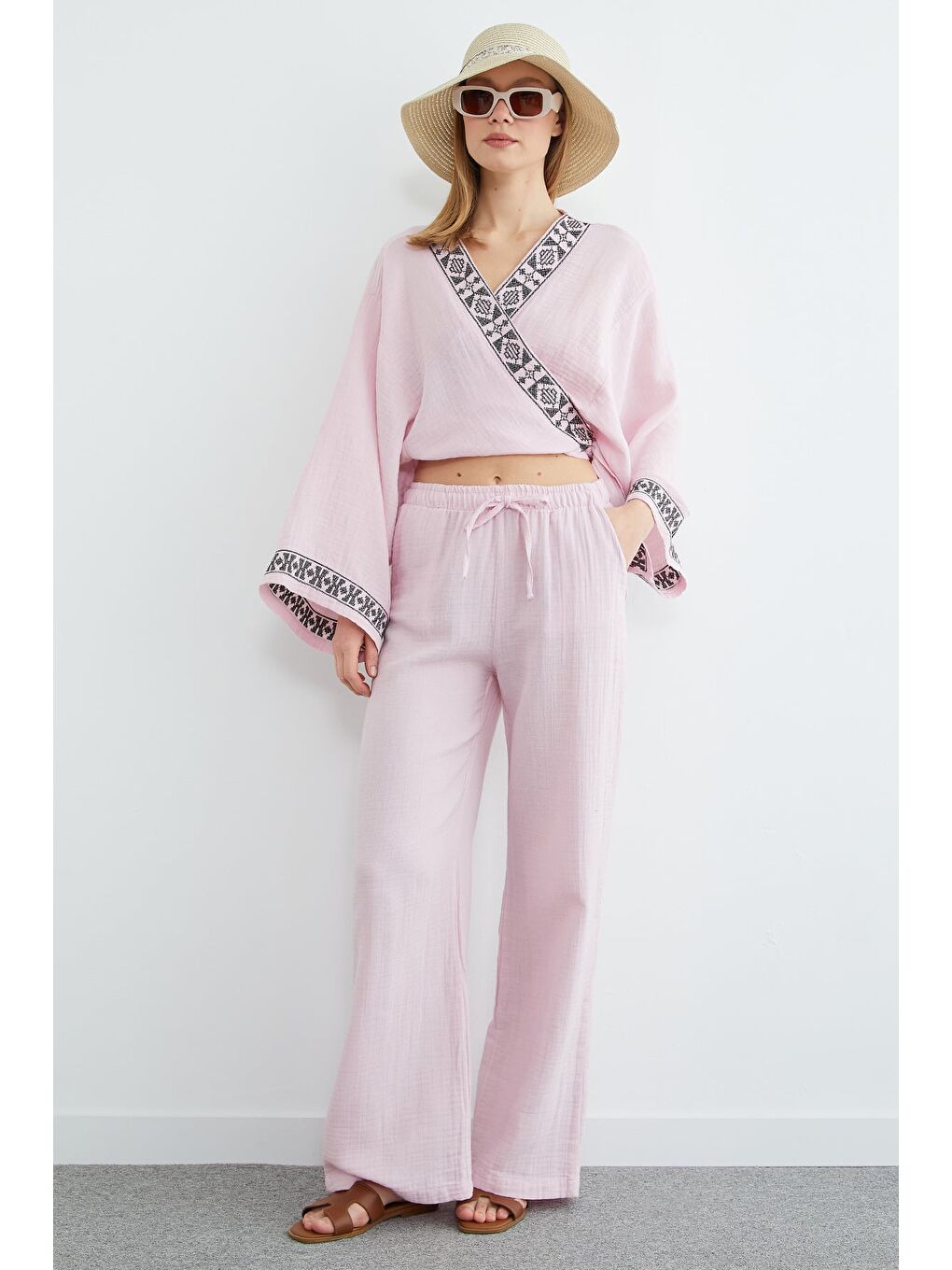Pembe Beli Lastikli Cepli Müslin Kumaş Pantolon-2