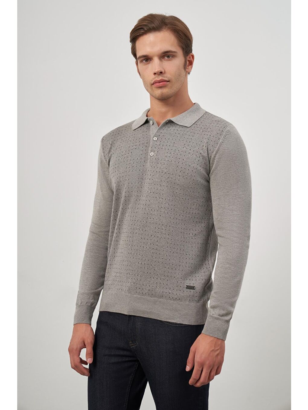 Bej Taş Rengi Uzun Kol Kendinden Desenli Örme Polo Yaka Classic Comfort Fit Triko 1012245162