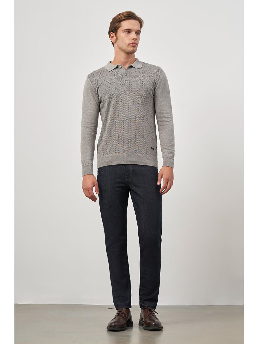 Bej Taş Rengi Uzun Kol Kendinden Desenli Örme Polo Yaka Classic Comfort Fit Triko 1012245162-1