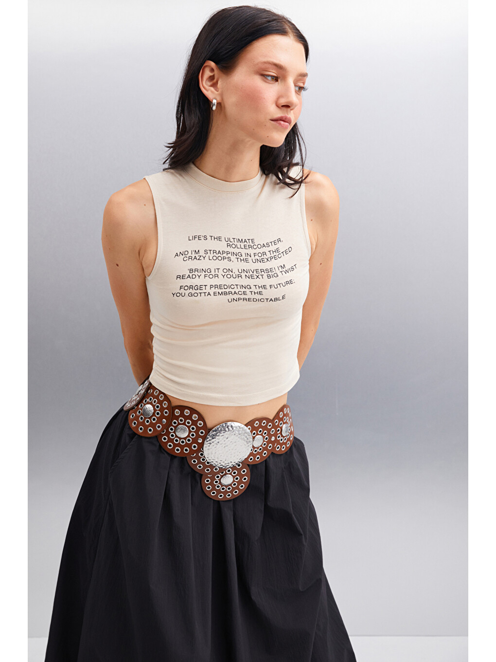 Azura Kadın Baskılı Pamuklu Kısa Kollu Crop Bej T-shirt-2