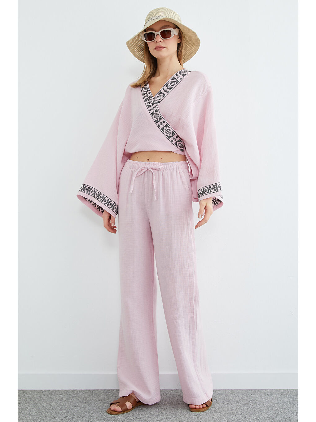 Pembe Beli Lastikli Cepli Müslin Kumaş Pantolon-3