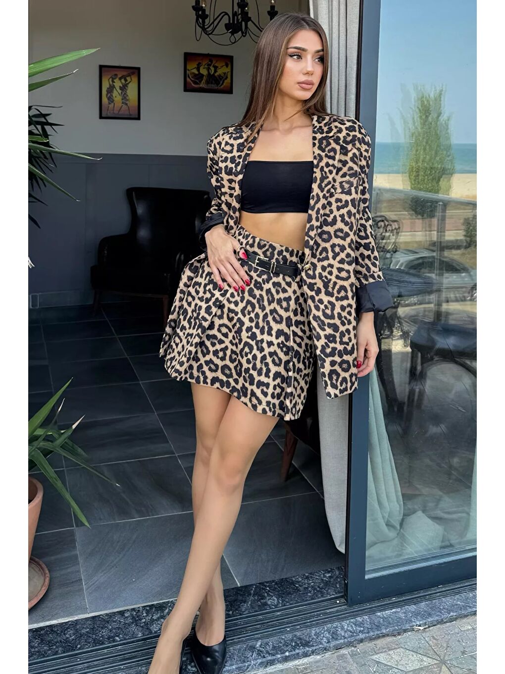 Kahverengi Kemerli Leopar Desen Mini Şort Etek