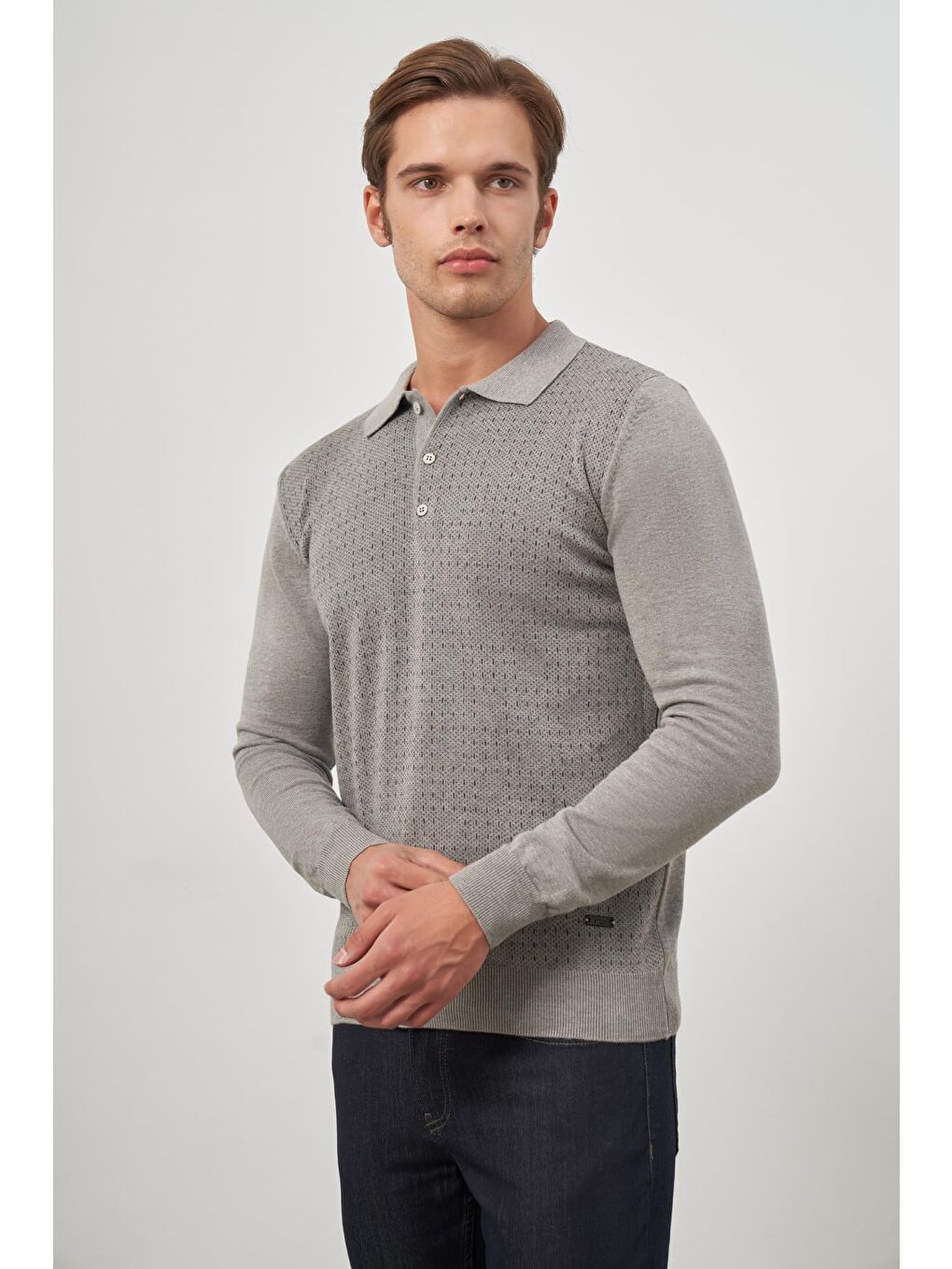 Bej Taş Rengi Uzun Kol Kendinden Desenli Örme Polo Yaka Classic Comfort Fit Triko 1012245162-2