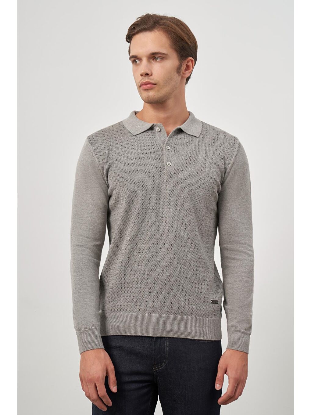 Bej Taş Rengi Uzun Kol Kendinden Desenli Örme Polo Yaka Classic Comfort Fit Triko 1012245162-3