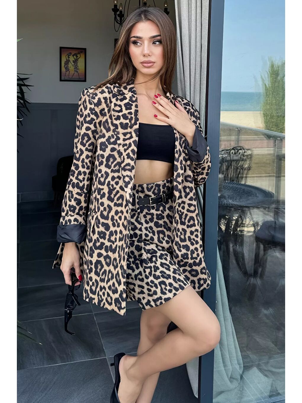 Kahverengi Kemerli Leopar Desen Mini Şort Etek-1