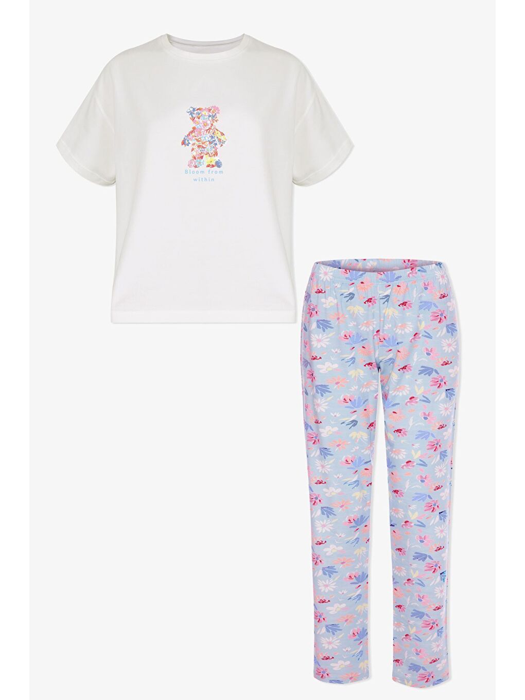 Kadın Pamuklu Mavi Çiçekli Ayıcıklı Baskılı Pijama Takımı