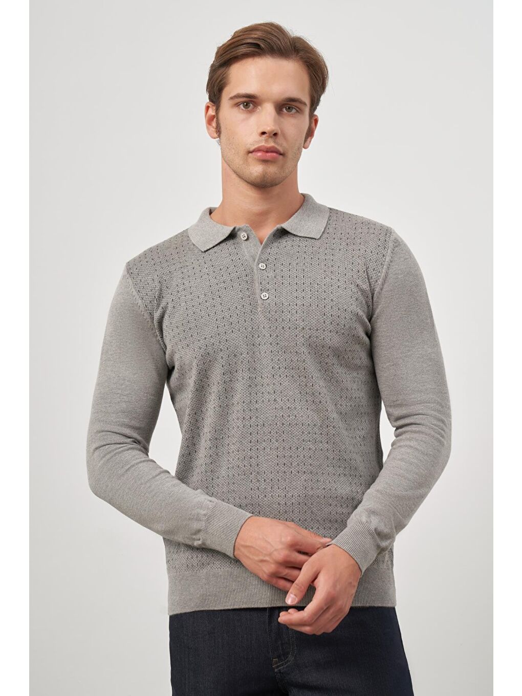 Bej Taş Rengi Uzun Kol Kendinden Desenli Örme Polo Yaka Classic Comfort Fit Triko 1012245162-4