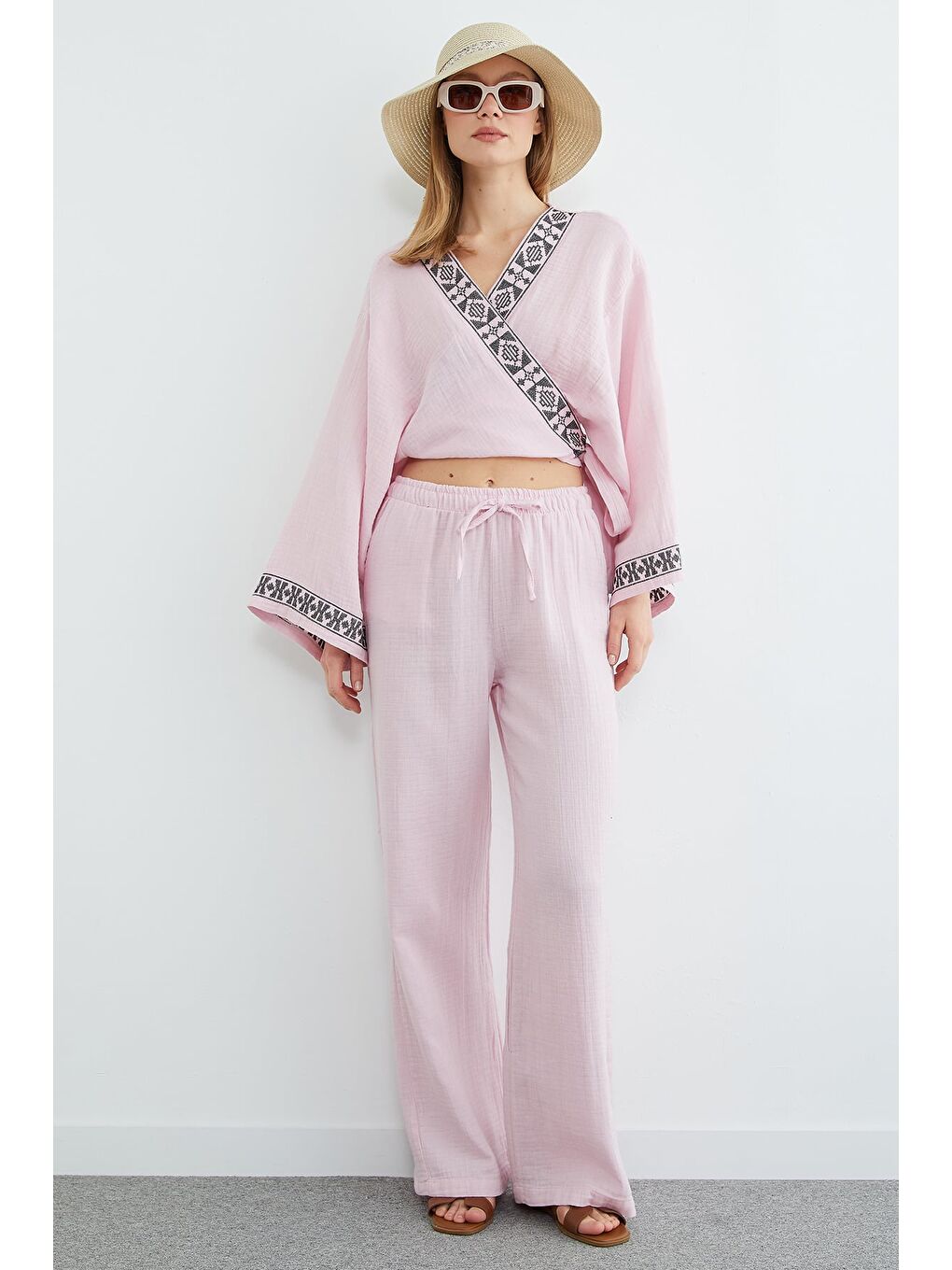 Pembe Beli Lastikli Cepli Müslin Kumaş Pantolon-4
