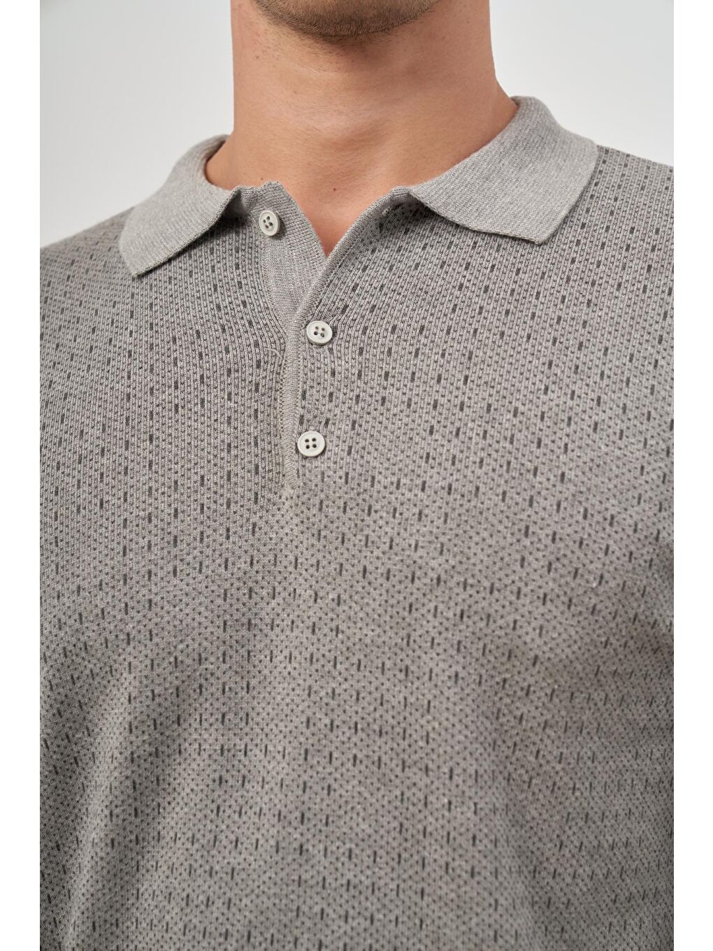 Bej Taş Rengi Uzun Kol Kendinden Desenli Örme Polo Yaka Classic Comfort Fit Triko 1012245162-5