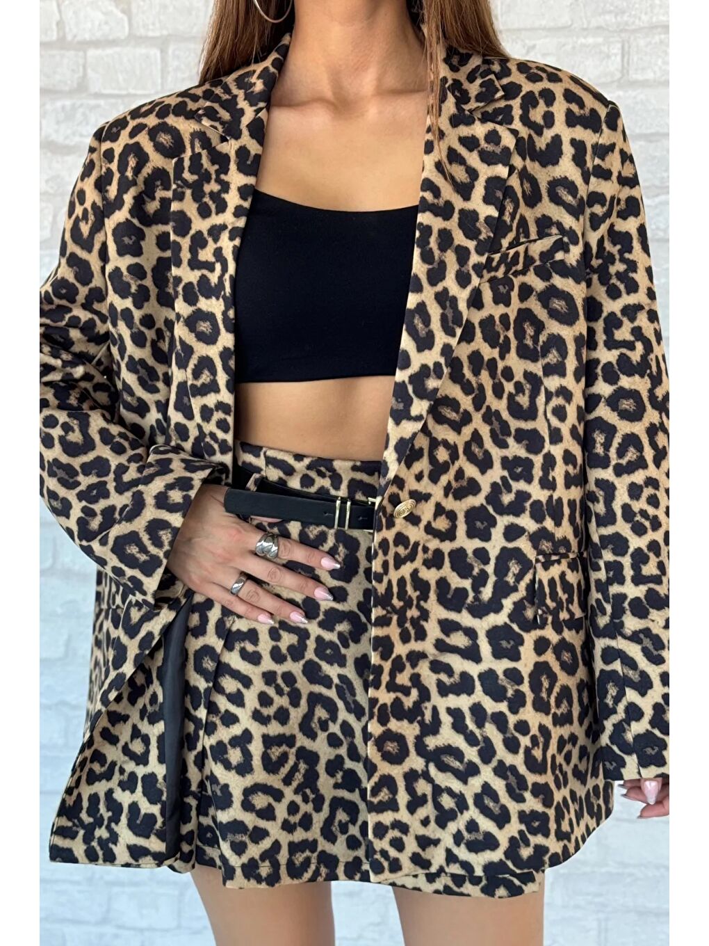 Kahverengi Kemerli Leopar Desen Mini Şort Etek-2