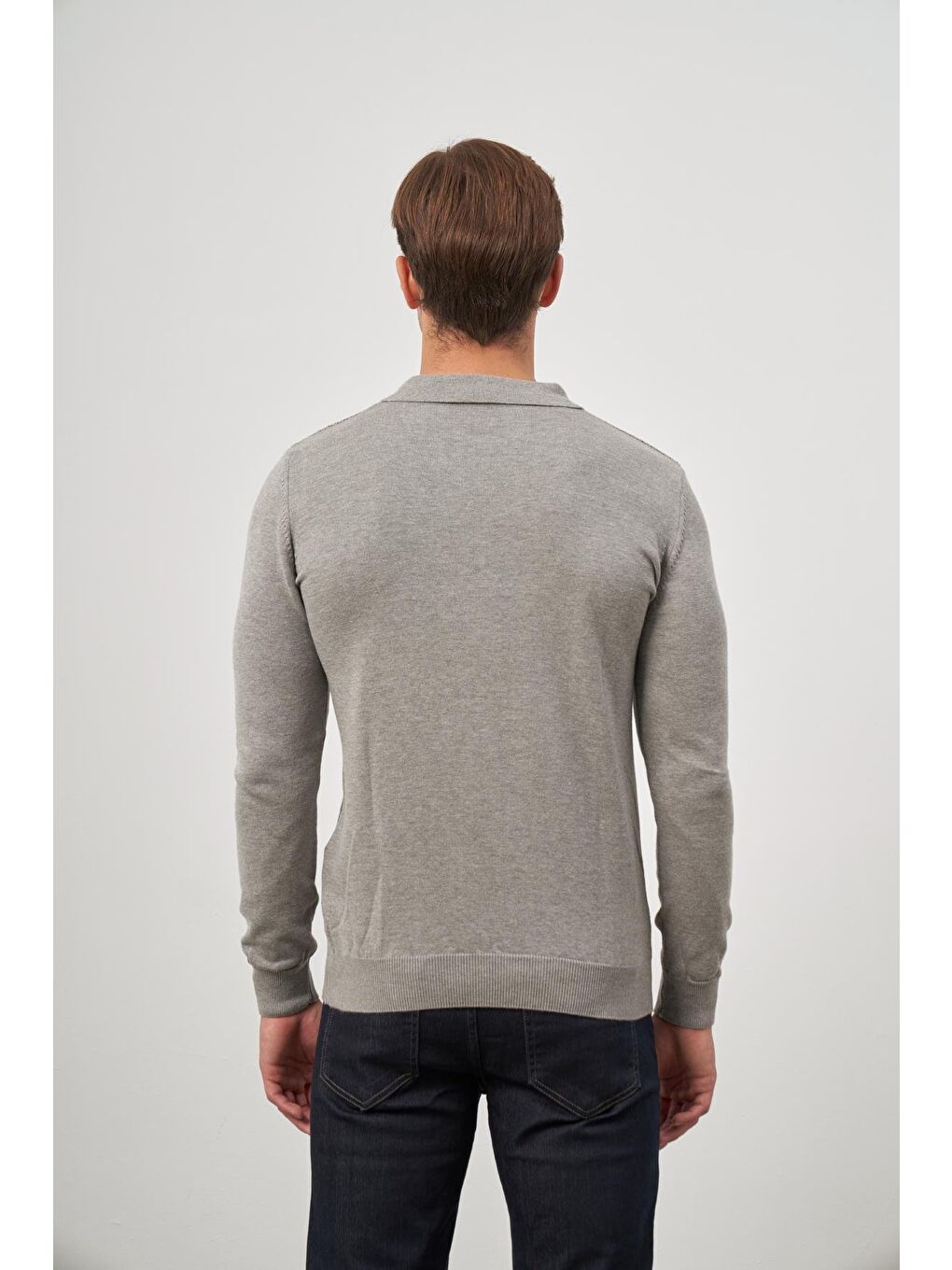 Bej Taş Rengi Uzun Kol Kendinden Desenli Örme Polo Yaka Classic Comfort Fit Triko 1012245162-6