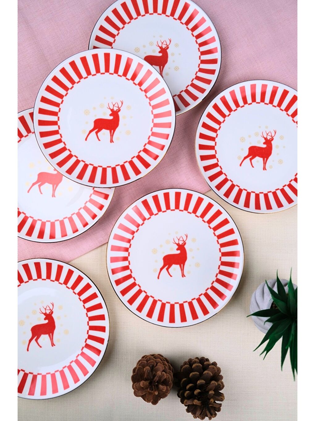 Karışık Porselen Altın Yaldızlı Geyik Pasta Tabağı 20,50cm 6 lı-4