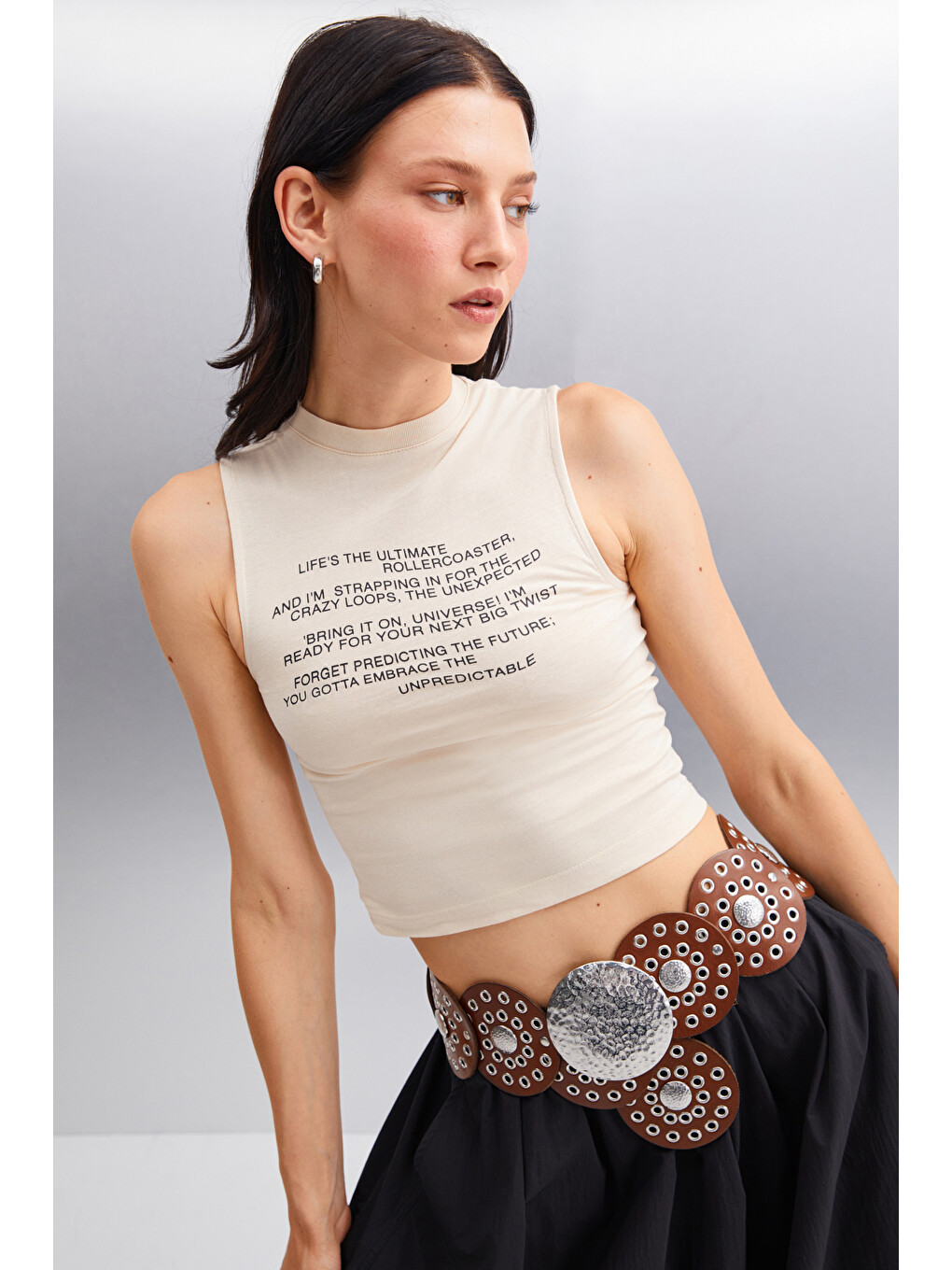 Azura Kadın Baskılı Pamuklu Kısa Kollu Crop Bej T-shirt-3