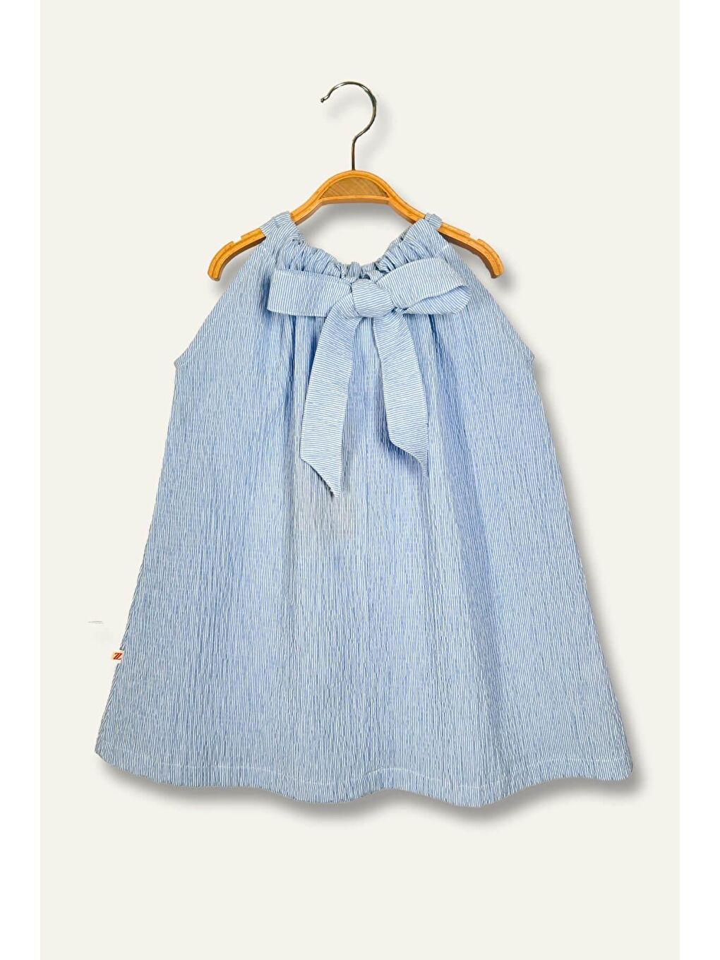 Kız Çocuk Çizgili Arkası Fiyonklu Gofre Elbise - Mavi Çizgili-1