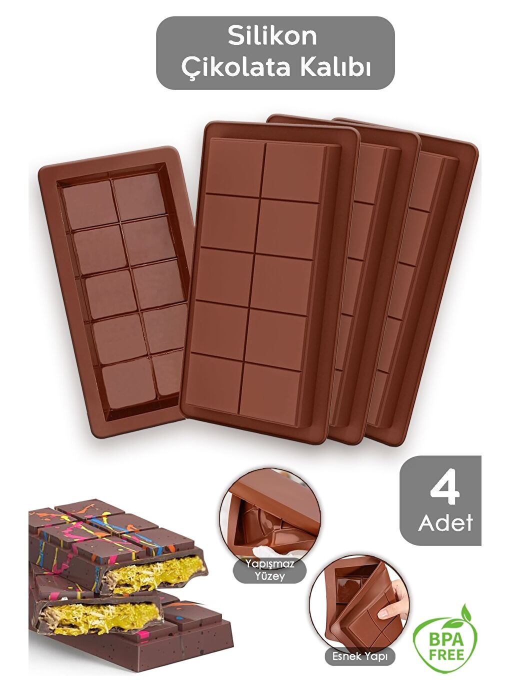 Kahverengi 4 Adet Dubai Çikolatası Kalıbı Büyük Tablet Çikolata Kalıbı Silikon Kalıp
