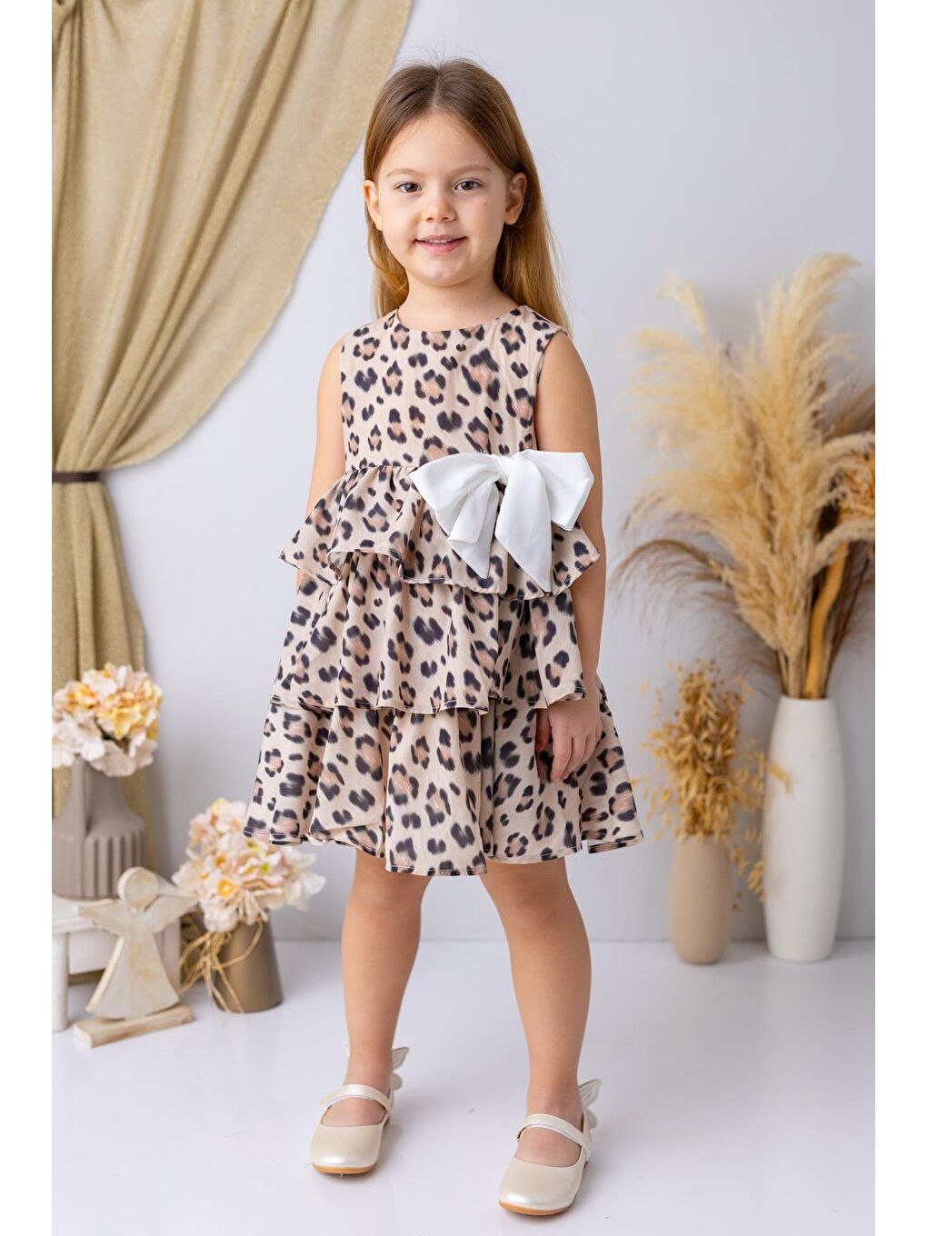 Kahverengi Kız Çocuk Leopar Desen Şifon Elbise - Leopar Desenli